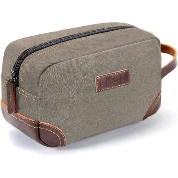New MEN'S Toiletry Bag, Leather and Canvas Travel Toiletry Bag, Light Gray - Picture 1 of 7